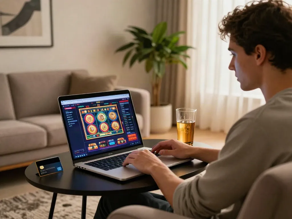 Exploring online credit card casinos in a stylishly decorated living room with a laptop and gaming visuals.