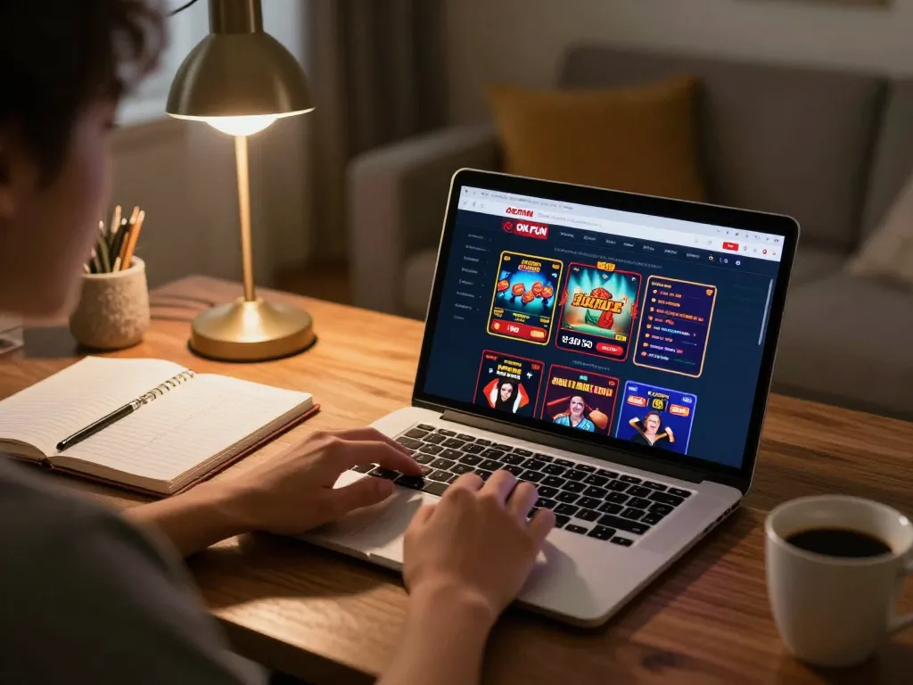 Engaging in online gambling, okfun đăng nhập on a laptop surrounded by strategy notes and warm lighting