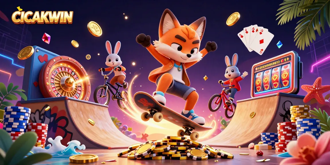 CICAKWIN showcases thrilling gaming action with a skateboarder fox and BMX rabbit amidst casino excitement.