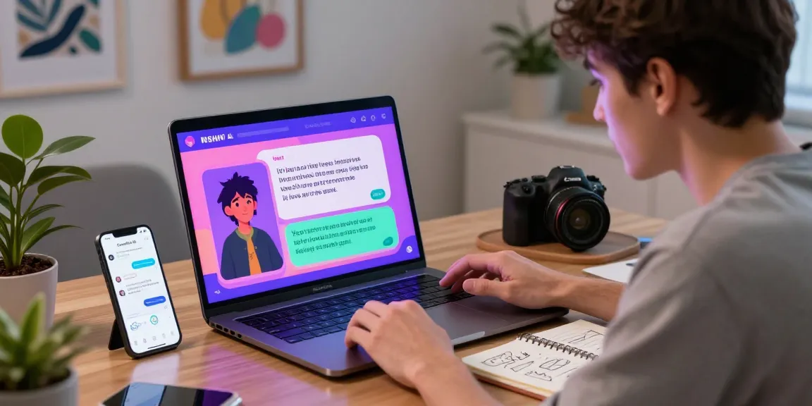Engaging with nsfw character ai on laptop, showcasing imaginative roleplay and user interaction in a cozy room.