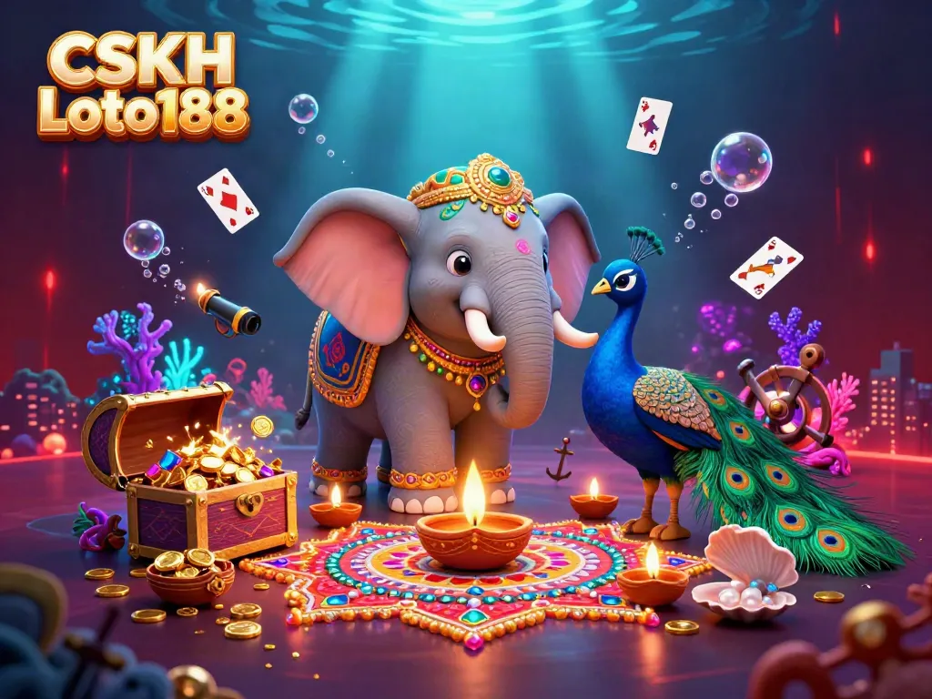Experience a vibrant array of gambling excitement in a 3D world with CSKH Loto188 featuring an elephant and treasures.