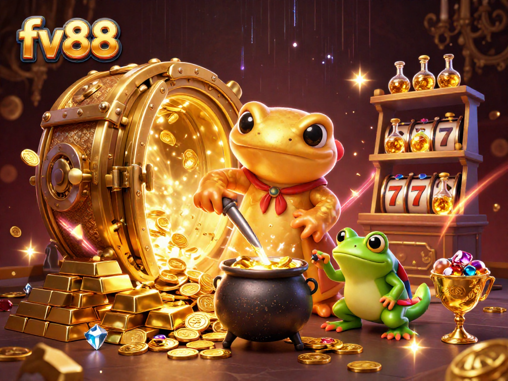 Spin the reels for fortune at fv88 with vibrant gold coins and jackpot elements.
