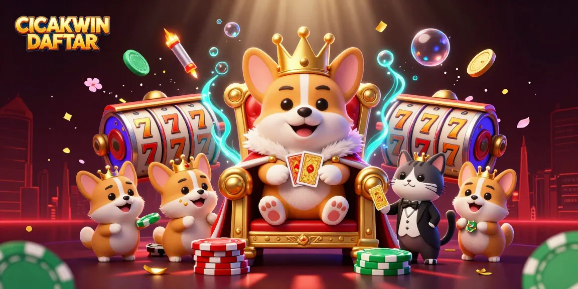 CICAKWIN DAFTAR presents an energetic 3D scene of a royal corgi surrounded by vibrant slot reels.