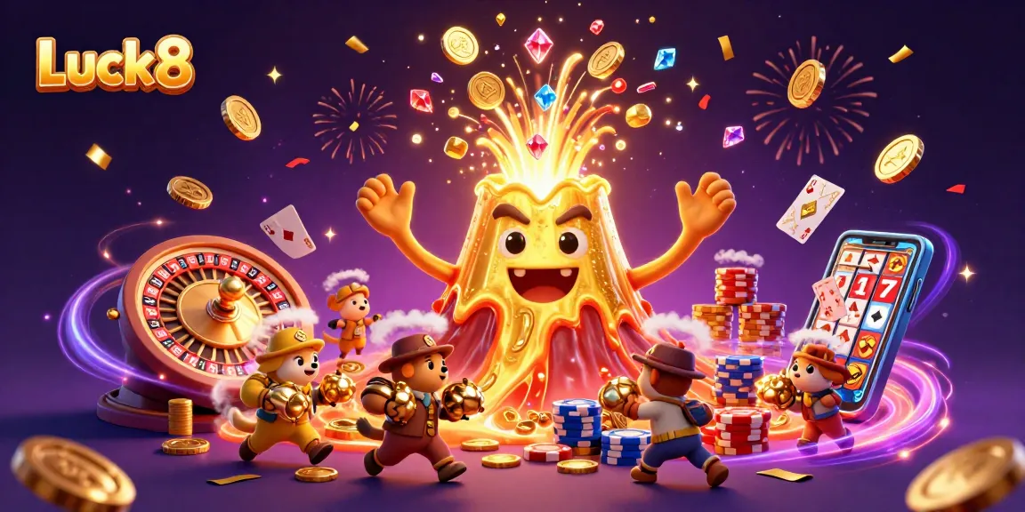 Experience the thrill of Luck8 in this vibrant 3D illustration showcasing casino gaming excitement with radiant treasures.