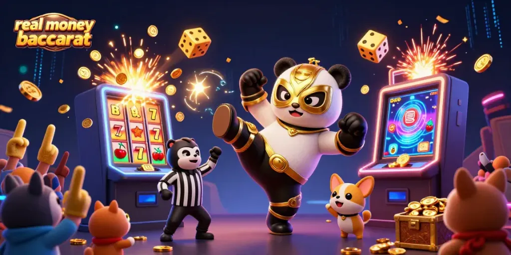 Experience real money baccarat excitement with a panda wrestler and chihuahua referee in a vibrant casino scene.