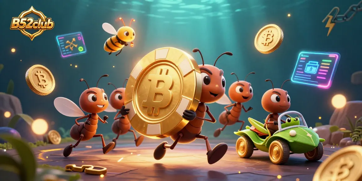 Engage in thrilling gameplay with B52club as cartoon ants carry a giant poker chip through a vibrant casino world.
