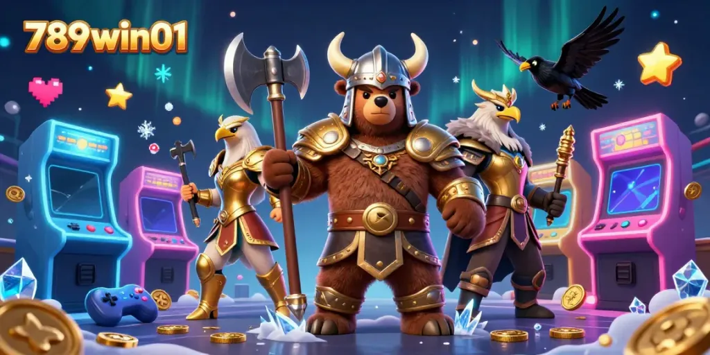 Engaging scene featuring 789win01 with Viking characters and arcade machines in a casino-like atmosphere.