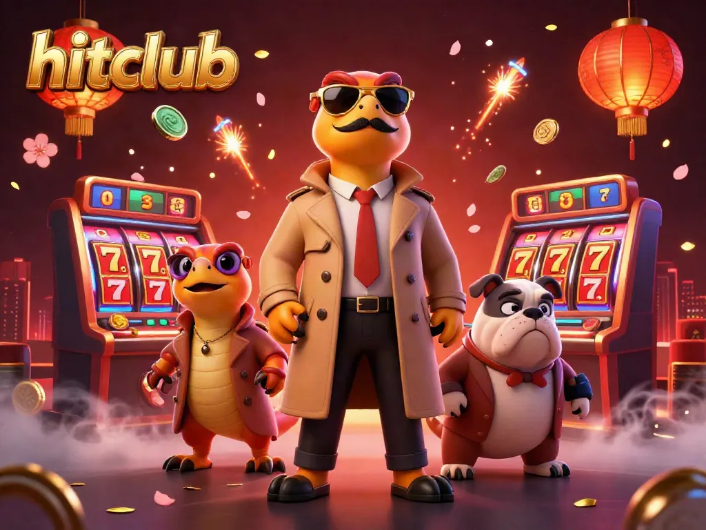Experience the thrill of hitclub with raptors and a bulldog bouncer in a festive casino scene.