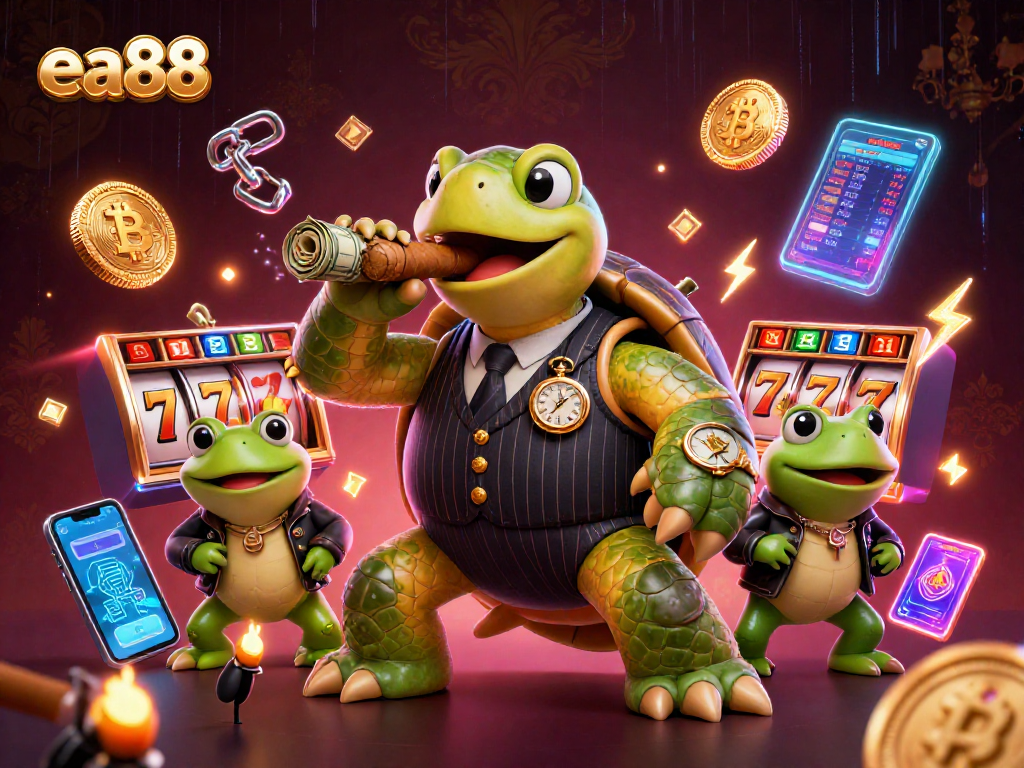Experience thrilling gaming moments at EA88 with a snapping turtle mobster amidst vibrant casino elements