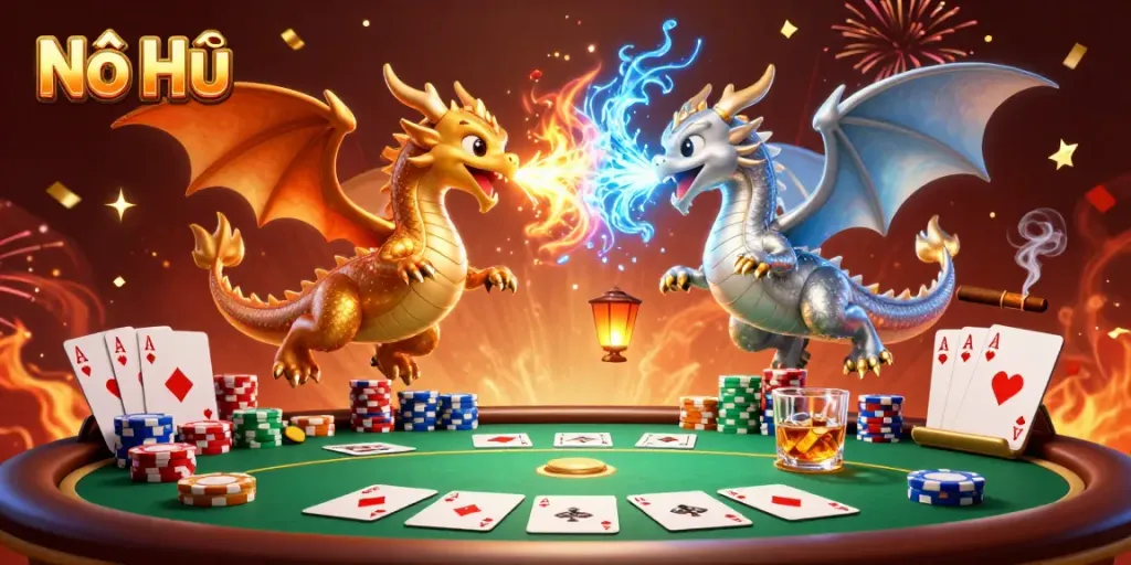 Experience exciting gameplay with Nổ Hũ featuring dynamic dragons, poker elements, and festive themes.