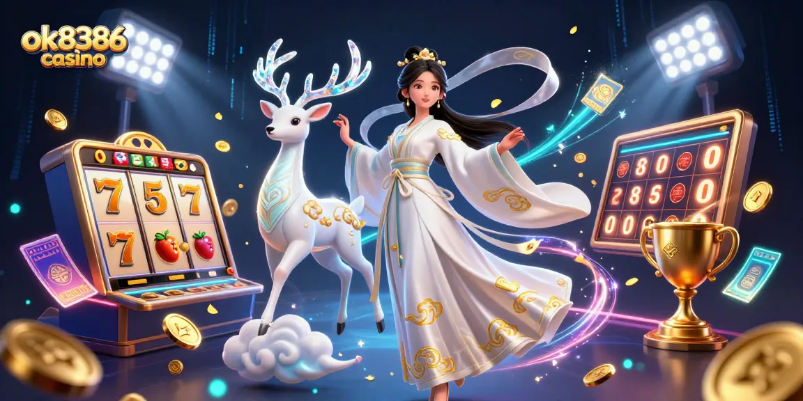 Engaging scenes of ok8386 casino with 3D characters, slot reels, and dynamic golden elements.
