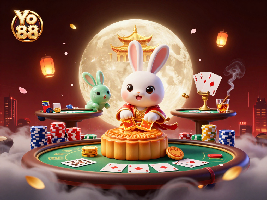 Experience Yo 88's thrilling casino adventure with moon rabbits and poker chips in this vibrant 3D illustration.