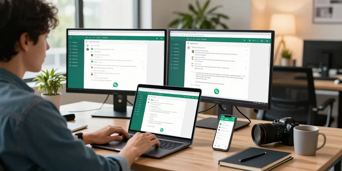 Engaging with WhatsApp網頁版 on a modern workspace, featuring a laptop and smartphone for effective communication.
