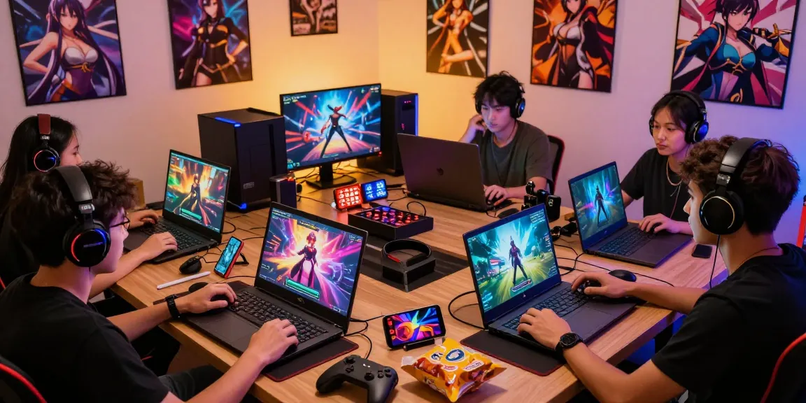 Players enjoying free hentai games on multiple devices in a cozy, vibrant gaming room.