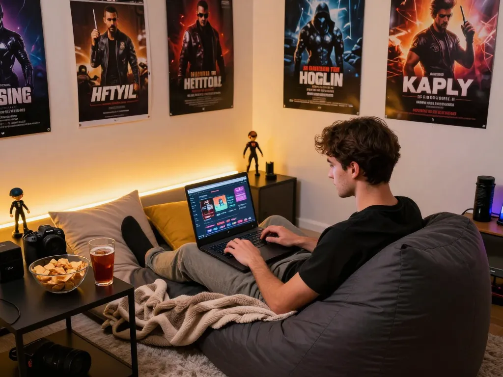 Engaging scene of a young man playing html porn games on a laptop in a cozy gaming corner.
