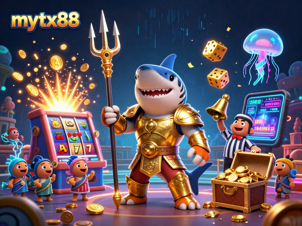 Experience the excitement of mytx88 with a thrilling underwater casino scene featuring a tiger shark, showcasing vibrant games and triumphs.