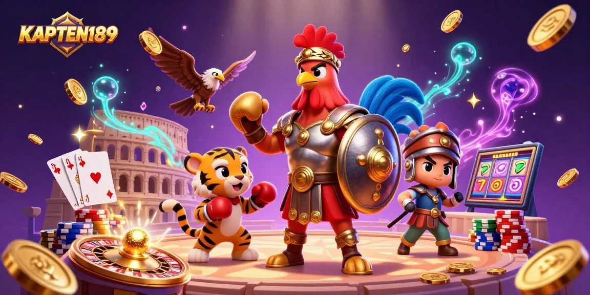 KAPTEN189 mempromosikan pengalaman judi online yang menarik dengan ilustrasi karakter di arena kasino.