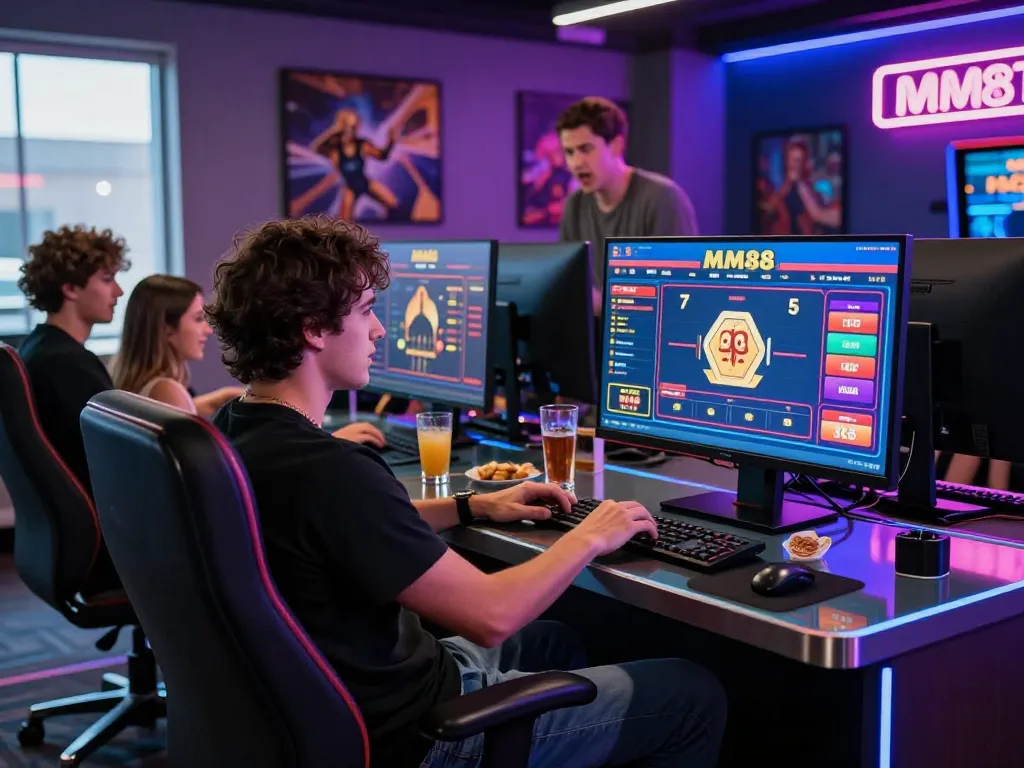 Exciting online gambling scene featuring MM88 interface and friends celebrating a win.
