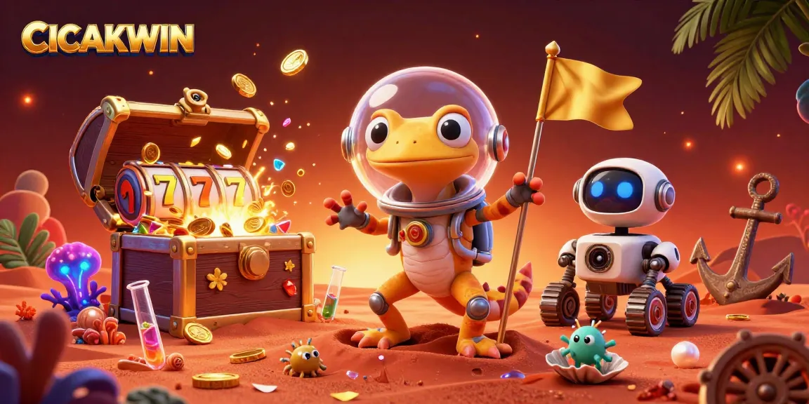 CICAKWIN invites players to win big in an imaginative 3D casino on Mars, featuring a cartoon gecko and vibrant slot elements.