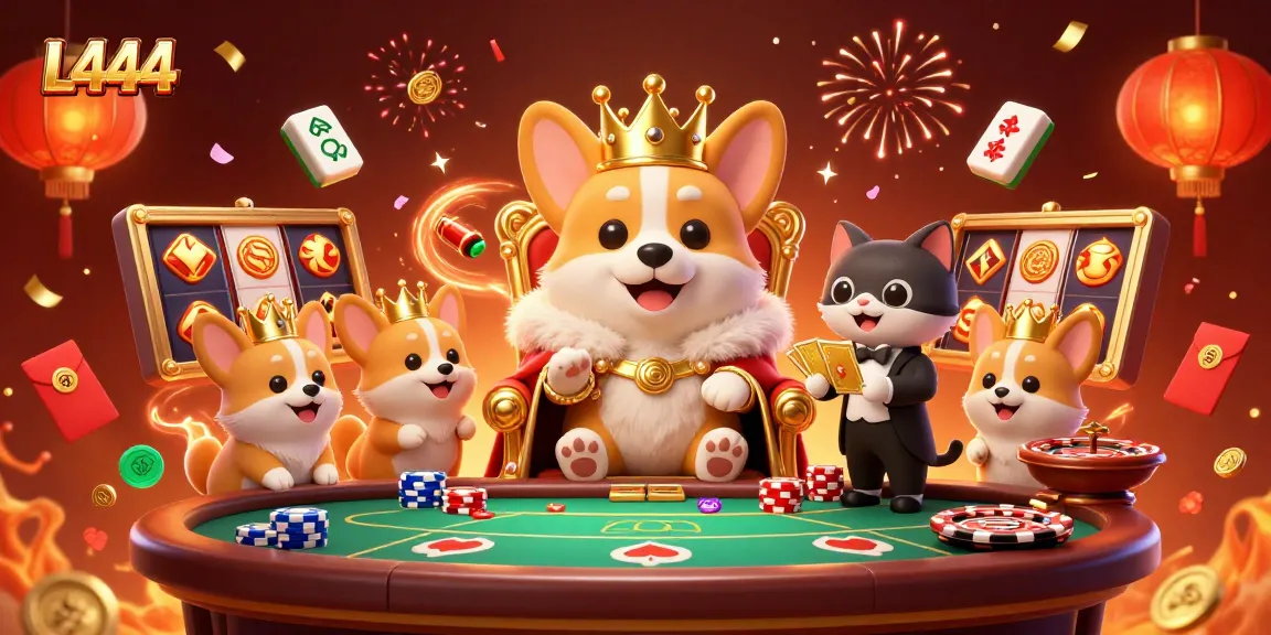 Engage with exclusive gaming excitement at L444 featuring vibrant symbols and royal corgi royalty.