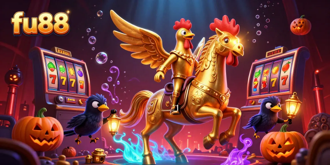 Experience casino adventures with fu88 as golden rooster rides through a mystical midnight scene.