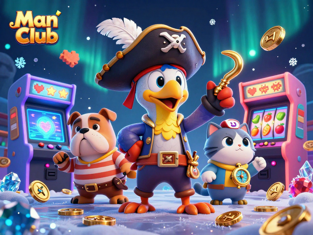 Engage in thrilling gameplay at Man Club with vibrant characters and casino elements.