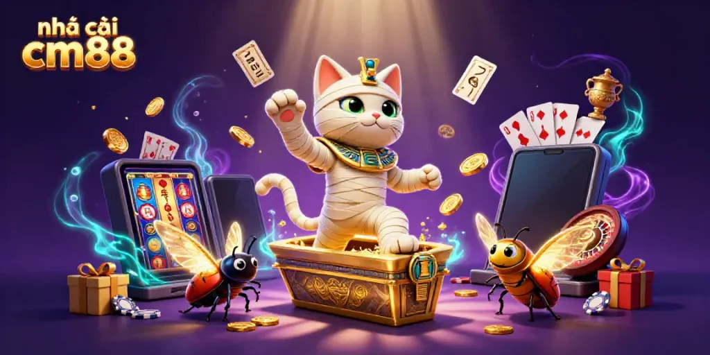 Experience the thrill of nhà cái cm88 with a vibrant, animated casino scene featuring a mummy cat and a scarab beetle.