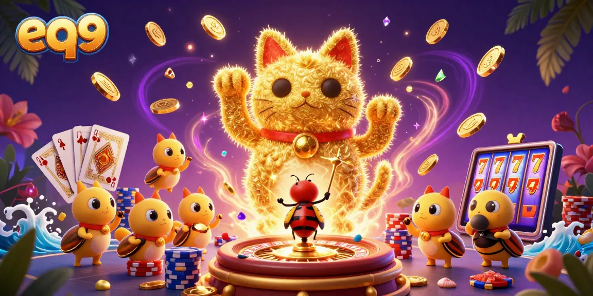 Experience the dynamic world of eq9 with vibrant casino elements swirling around a lucky cat illustration.