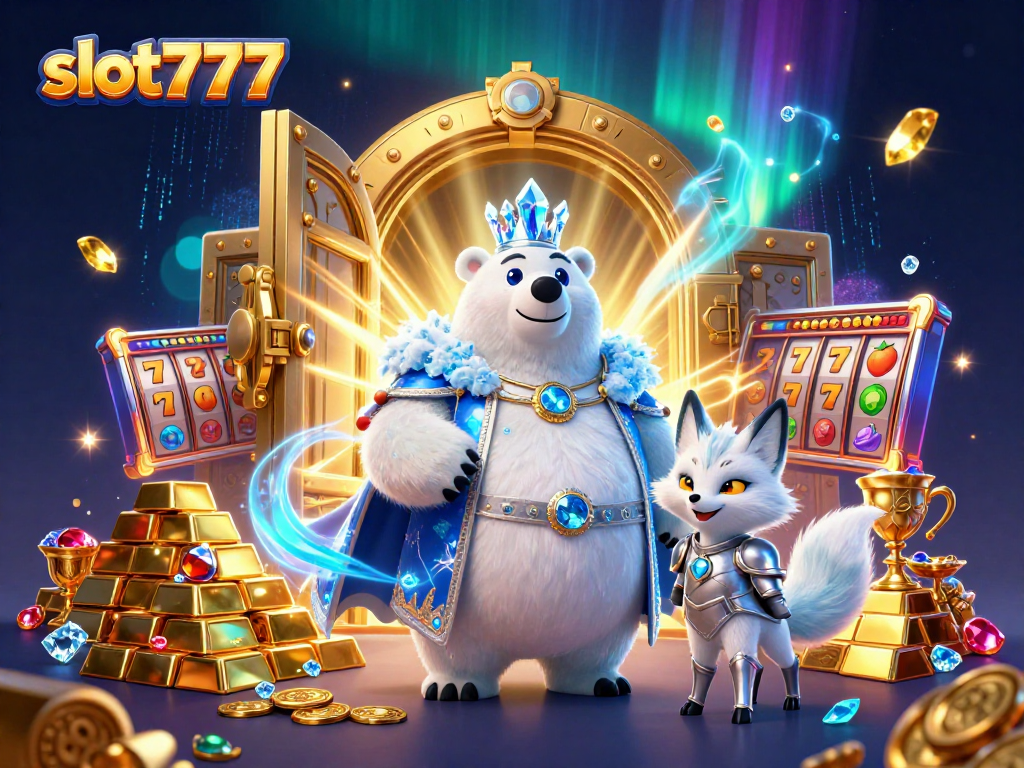 Experience thrills with slot777 in a rich jackpot scene featuring a polar bear and treasures.
