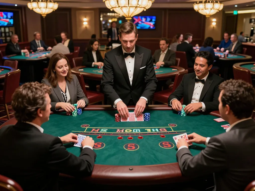 Gambler placing bets at a lively blackjack table at the casino featuring 789 games.