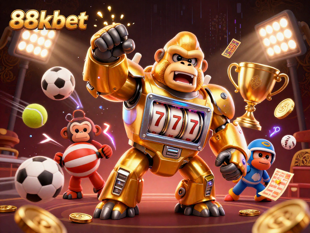 Engage with dynamic games at 88kbet, featuring a golden mech in an action-packed casino scene.