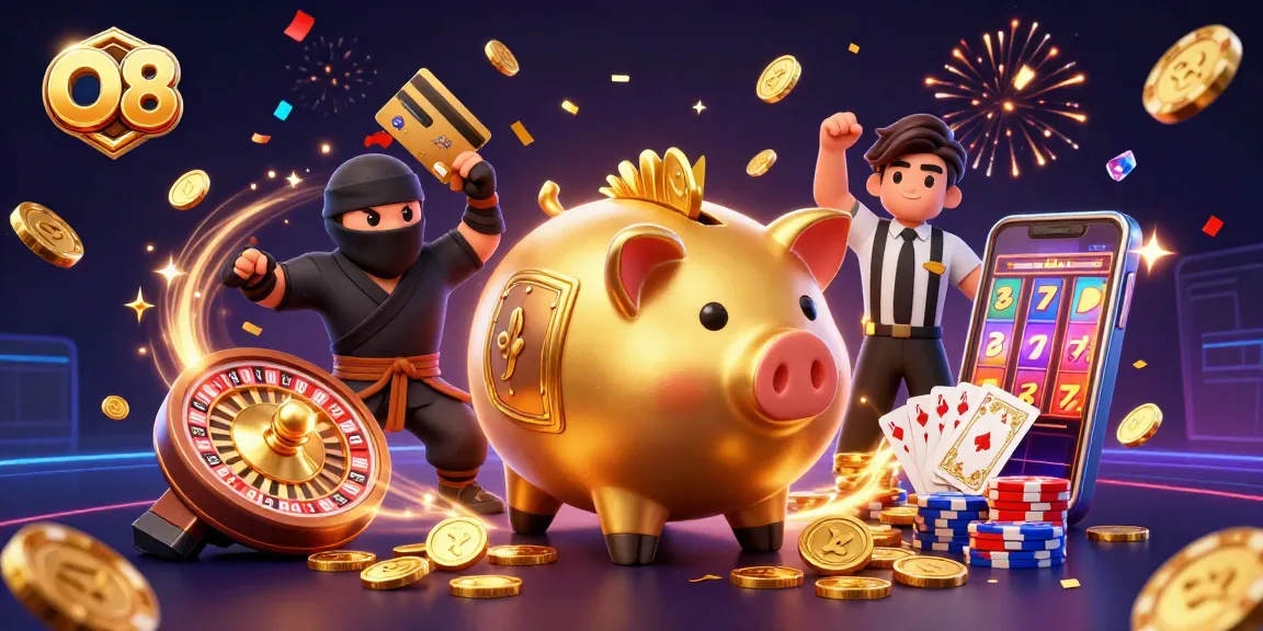 O8's online casino showcases a golden piggy bank sumo wrestler amidst cascading coins and vibrant gambling elements, promoting engaging gameplay.