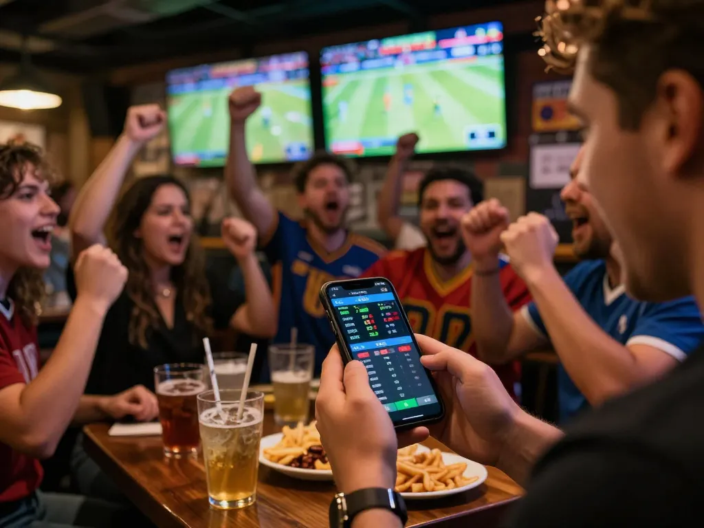 Sports fans engaging in live betting using the 789bet app, surrounded by screens showing thrilling game action.