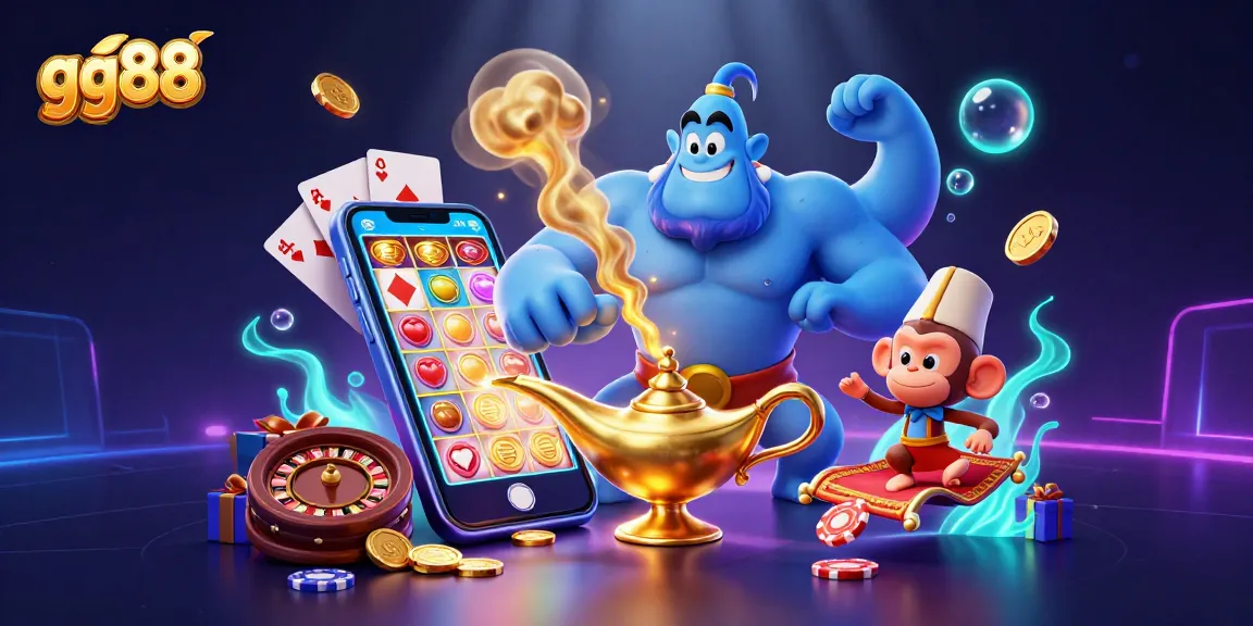Experience the magic of gg88 as a genie emerges, surrounded by casino excitement and winning elements.