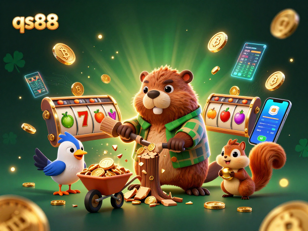 Experience winning with qs88 in a vibrant 3D cartoon casino scene filled with gold coins and slot symbols.