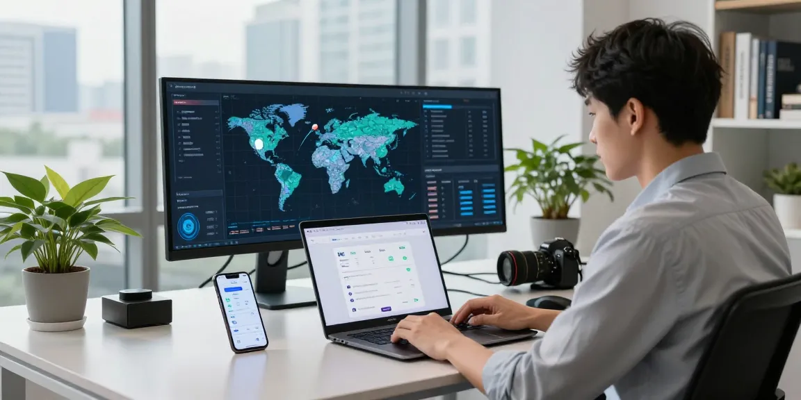 A professional using 快连 app on a laptop in a modern office, showcasing global network connectivity.