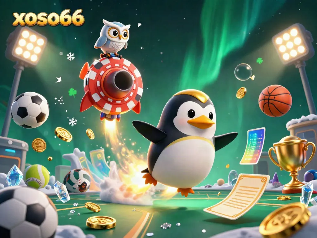 Experience the xoso66 thrill with a golden penguin rocket blasting through a vibrant casino universe, showcasing dynamic sports elements.