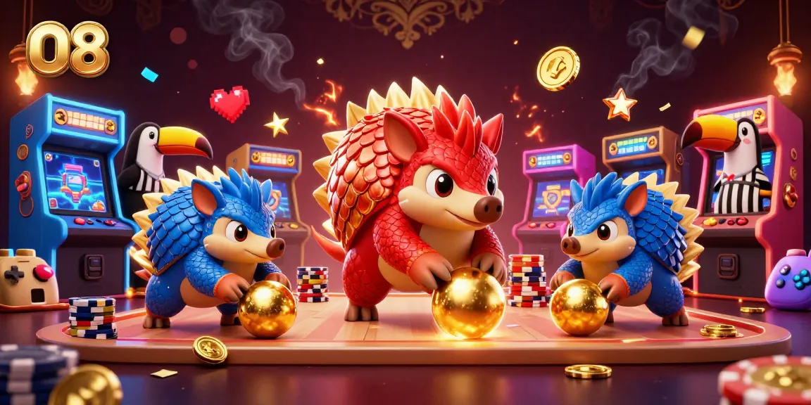 Experience thrilling action at O8 with rival pangolins bowling through poker chips in this vibrant casino scene.