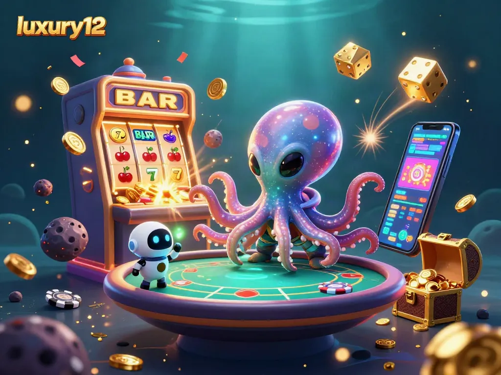 Experience adventure with luxury12 as a cartoon alien octopus and robot play vibrant casino games.