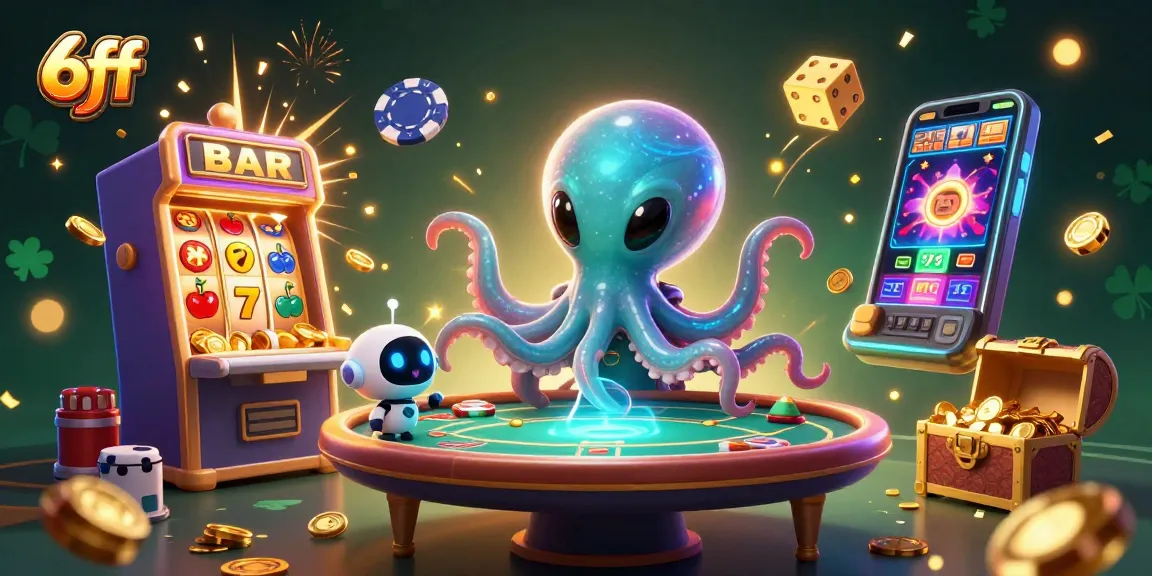 Engage with 6ff's vibrant casino world featuring an alien octopus and a tiny robot, surrounded by exciting gaming elements.