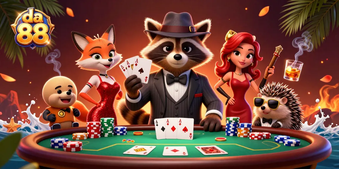 Play poker with da 88 featuring a raccoon holding a royal flush amid vibrant casino action.