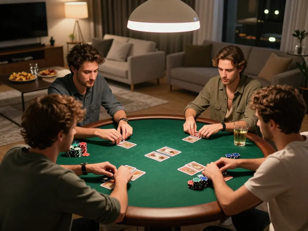 FA88 players enjoying a thrilling poker game with chips and drinks in a cozy living room.