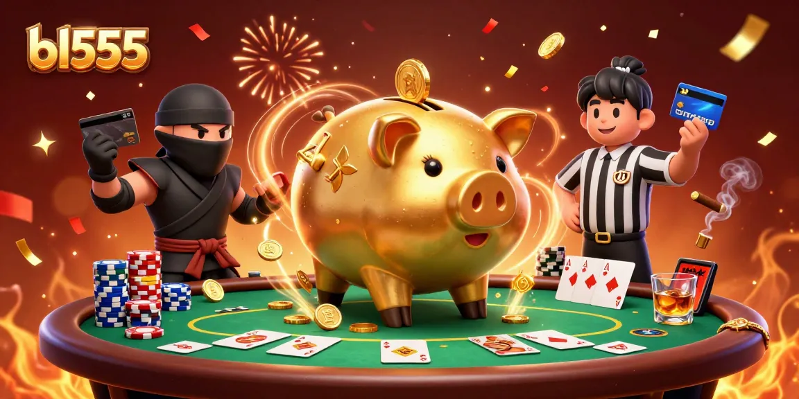 Engage with bl555 for excitement in a dynamic casino scene, featuring a golden piggy bank and vibrant poker elements.