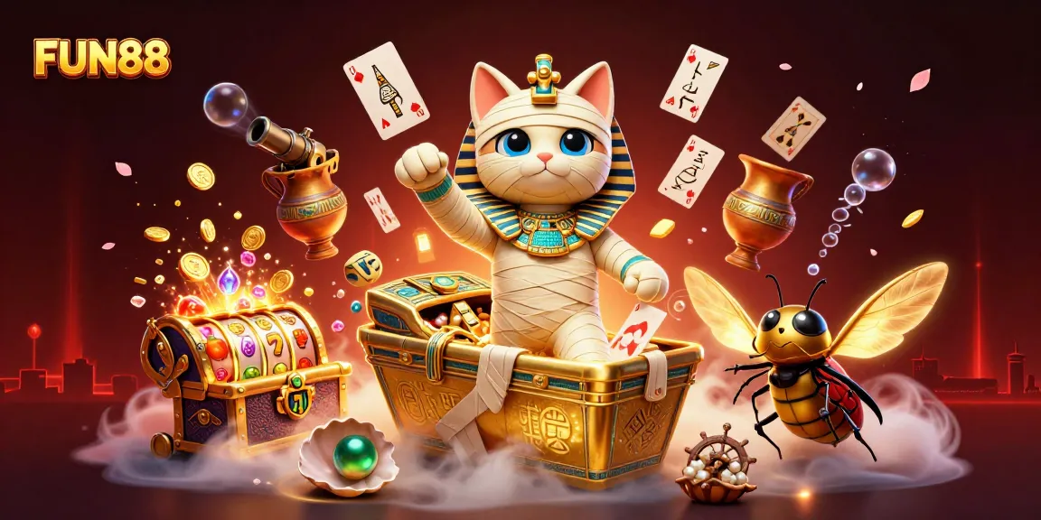 Experience FUN88's thrilling gaming scene with vibrant characters and casino elements.
