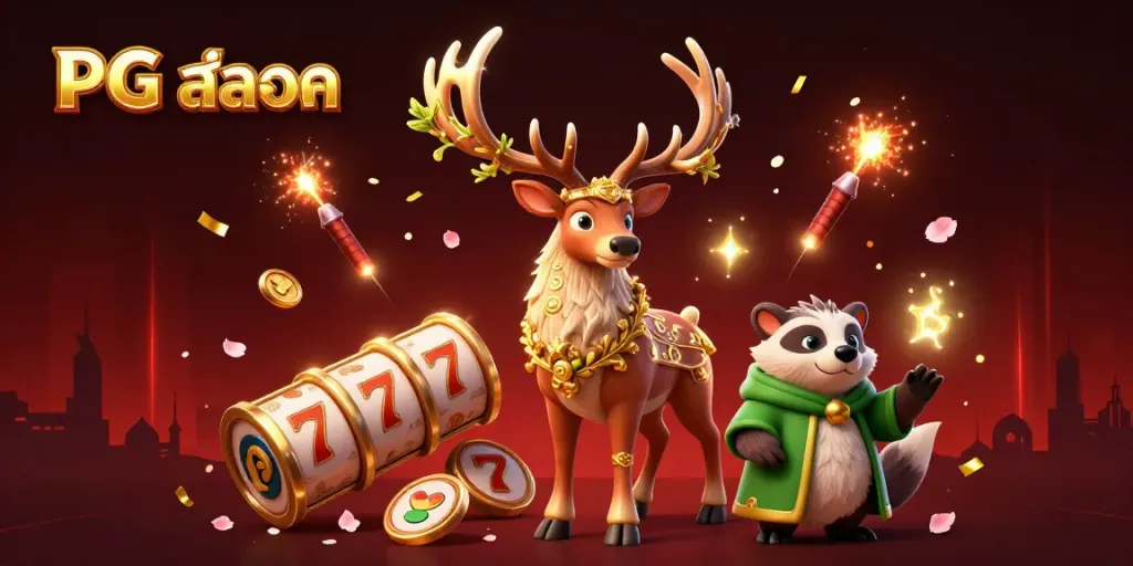 Spin the reels with PG สล็อต featuring a magical druid stag and lucky charms in a vibrant casino illustration.
