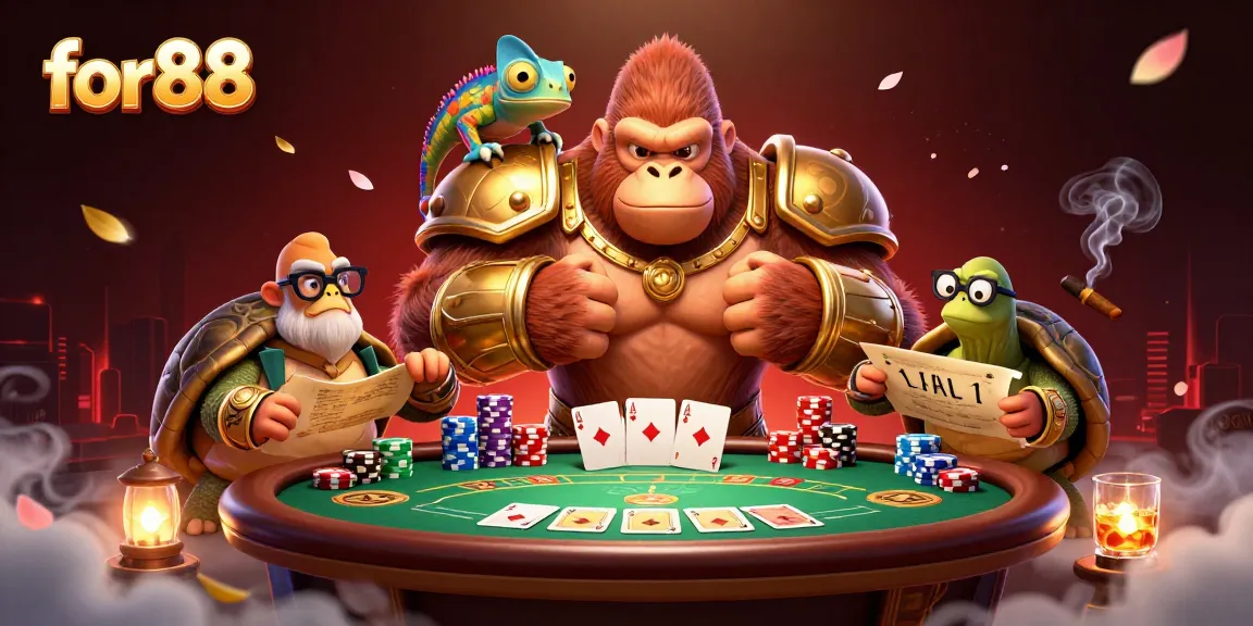 Win big at for88 with exciting poker action featuring bold characters and vibrant casino elements.