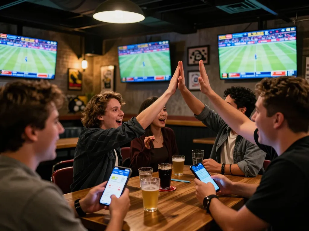 Engaged friends enjoying a sports betting experience on the rik vip app at a lively sports bar