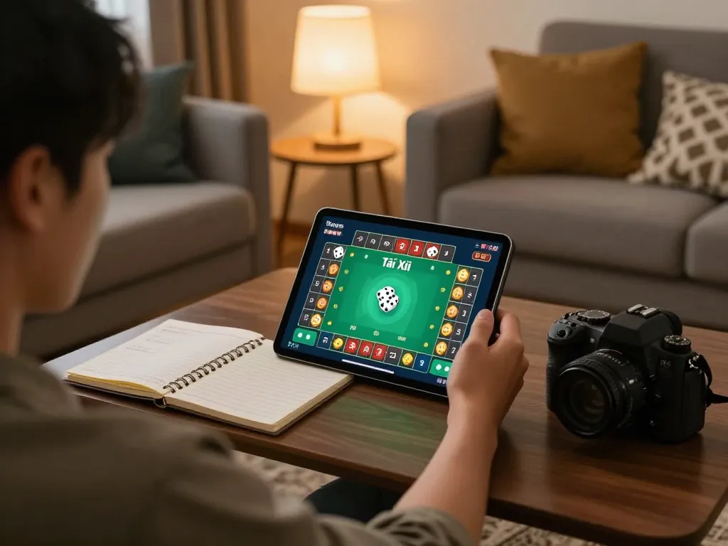 Tài Xỉu online being played on a tablet in a cozy home setting, demonstrating engaging online gambling.