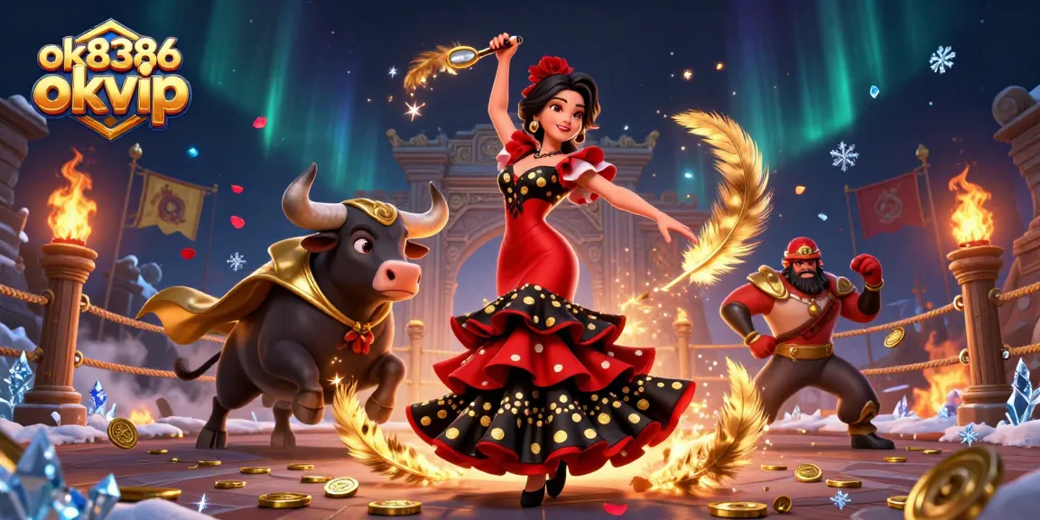 Engage in thrilling gameplay with ok8386 okvip and stunning casino visuals featuring a flamenco dancer and bull.