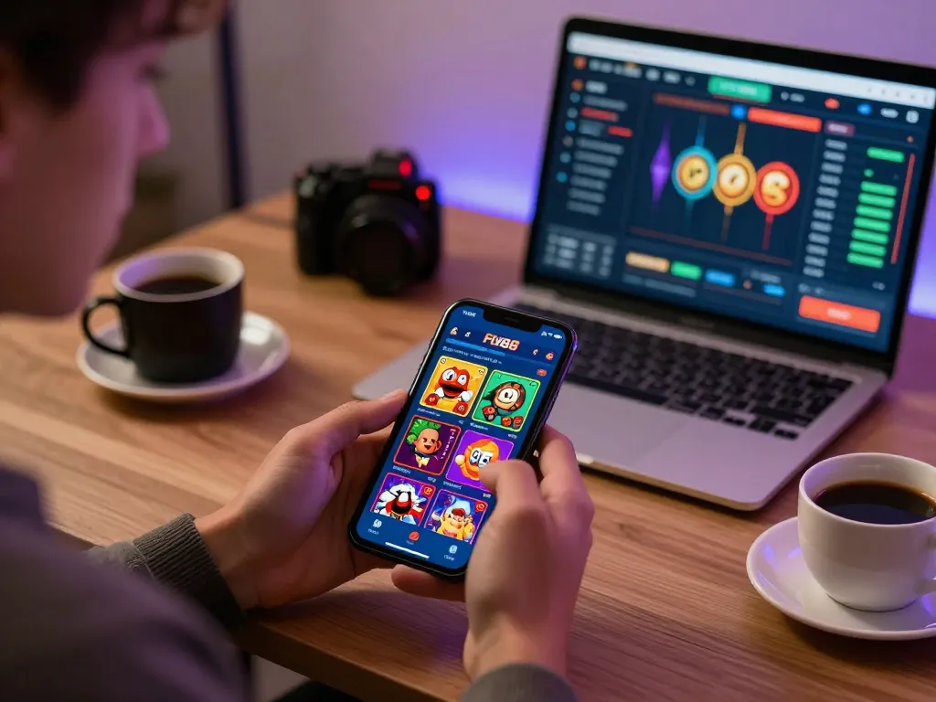 Player engaging with the fly88 mobile gaming app, enjoying a colorful online casino experience.